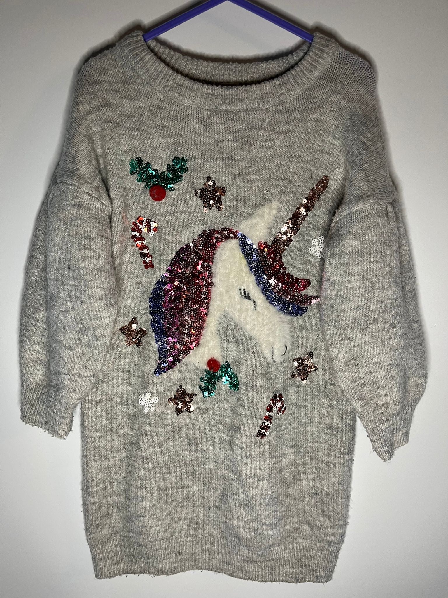 Grey Christmas unicorn jumper dress, TU size 4 years. Preloved, little drums