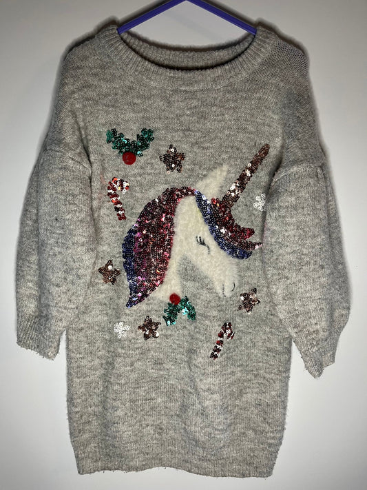 Grey Christmas unicorn jumper dress, TU size 4 years. Preloved, little drums