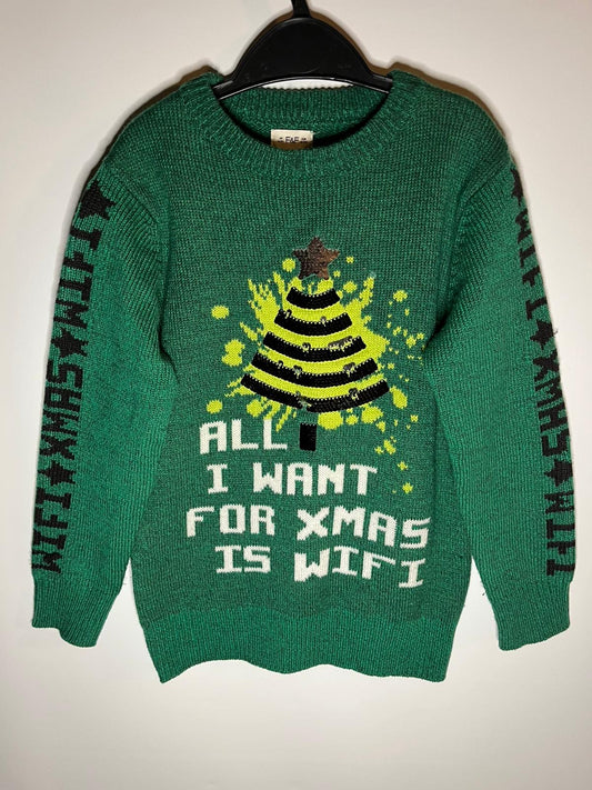 Preloved F &amp; F green Christmas jumper size 6 to 7 years. Little Drums.
