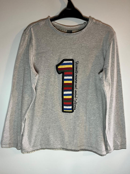 Gray long-sleeve shirt with a colorful number one patch. Zara, size 9-10 years. Preloved, little drums